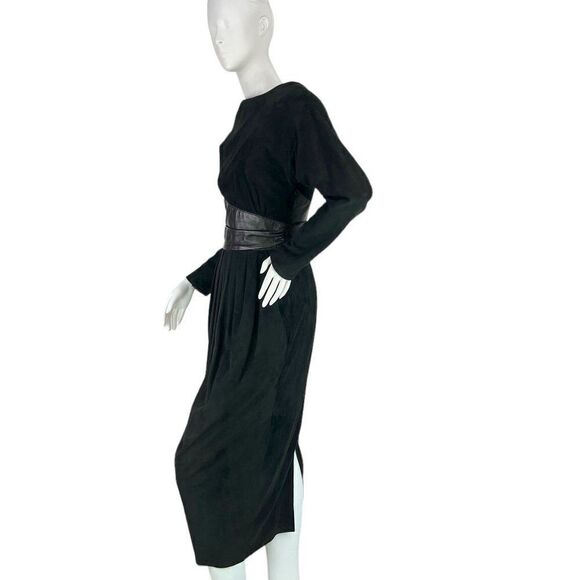 Vakko Vintage 80s Black Suede & Leather Backless Long Sleeve Midi Dress, Size 6 - Picture 6 of 15